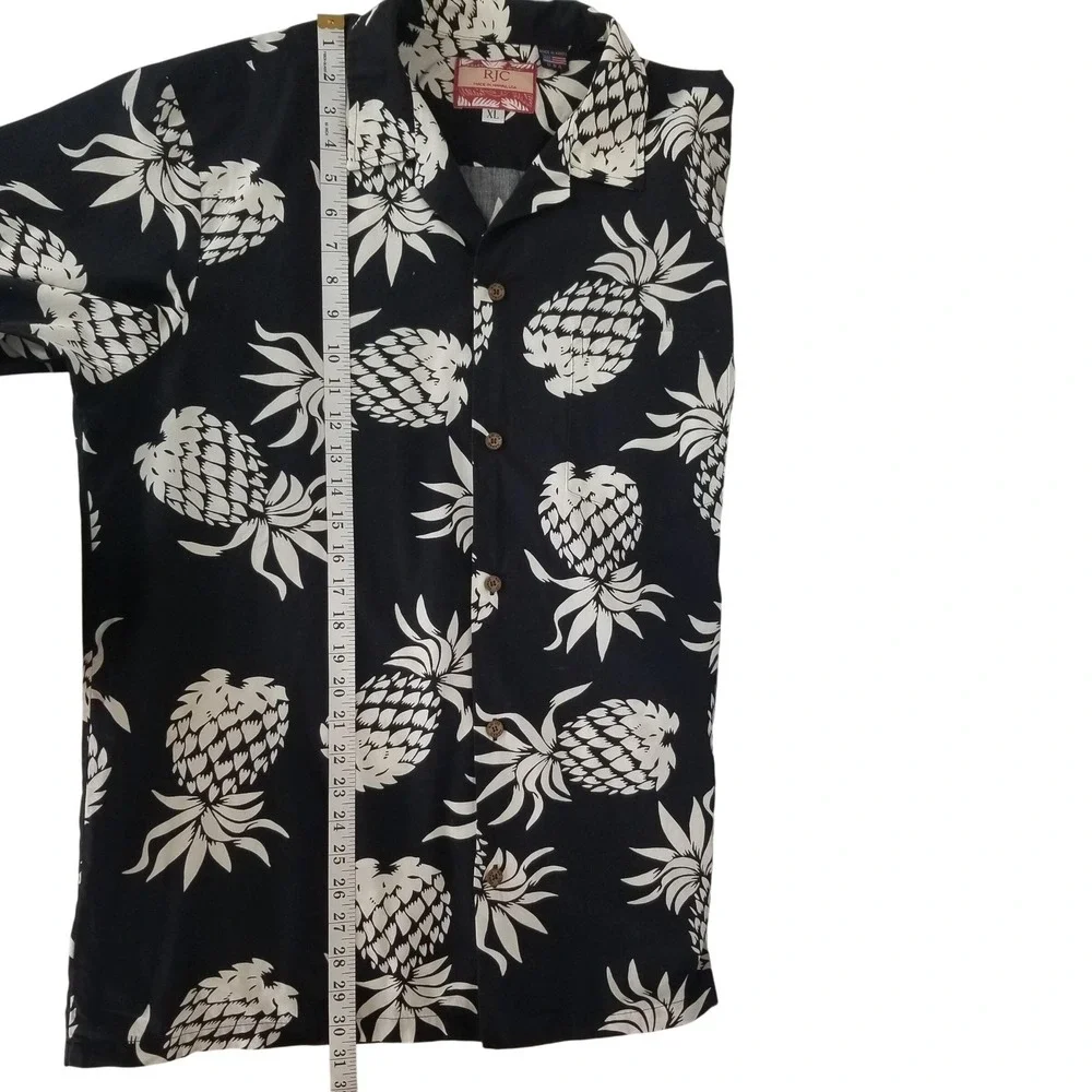 Vintage RJC Shirt Mens XL Black Pineapple Hawaiian Aloha Short‎ Sleeve Button